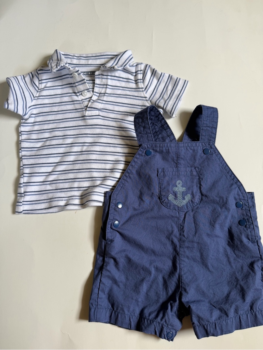 Carter's Navy Blue Short Overalls with White & Navy Striped Polo